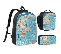 GaxfjRu Sac à dos d'écolier léger avec motif carte de la Grèce, sac à dos d'école, sac à dos d'école, boîte à déjeuner et trousse à crayons