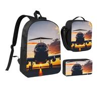 GaxfjRu Sac à dos léger avec imprimé avion au coucher du soleil, sac à dos d'école, sac à dos d'école avec boîte à déjeuner et trousse à crayons