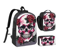 GaxfjRu Sac à dos léger imprimé tête de mort rose, sac à dos d'école, sac à dos d'école avec boîte à déjeuner et trousse à crayons
