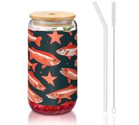 GaxfjRu Salmon Tasses en verre de 473 ml avec couvercles et paille en verre, tasses en verre plus larges pour smoothies, thé, cola, soda