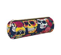 GaxfjRu Sugar and Skulls and Flowers Trousse ronde en cuir synthétique pour stylos, crayons, marqueurs, petites fournitures Fermeture éclair en métal avec cuir, doré, Taille unique, Porte-cartes