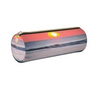 GaxfjRu Sunrise and Sunrise with Ocean Sea Waves Trousse ronde en similicuir pour stylos, crayons, marqueurs, petites fournitures Fermeture éclair en métal avec cuir, doré, Taille unique, Porte-cartes