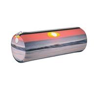 GaxfjRu Sunrise and Sunrise with Ocean Sea Waves Trousse ronde en similicuir pour stylos, crayons, marqueurs, petites fournitures Fermeture éclair en métal avec cuir, Argenté., Taille unique