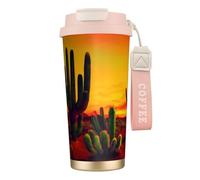 GaxfjRu Tasse à café isotherme à double couvercle 500 ml en acier inoxydable 316 avec paille Motif cactus dans le désert