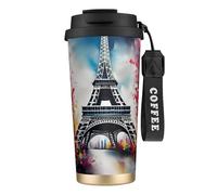 GaxfjRu Tasse à café isotherme à double couvercle 500 ml en acier inoxydable 316 avec paille Motif Tour Eiffel Paris