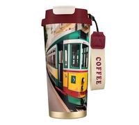 GaxfjRu Tasse à café isotherme à double couvercle en acier inoxydable 316 avec paille - Motif de tramway - 500 ml