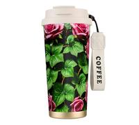 GaxfjRu Tasse à café isotherme à double couvercle en acier inoxydable 316 avec paille - Motif floral et lierre avec feuilles - 500 ml