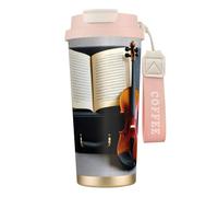 GaxfjRu Tasse à café isotherme à double couvercle en acier inoxydable 316 avec paille - Motif violon et livre - 500 ml