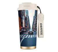 GaxfjRu Tasse à café isotherme à double couvercle imprimé New York City 500 ml, couche intérieure en acier inoxydable 316 avec paille