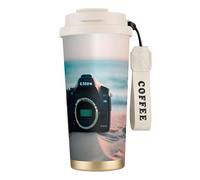 GaxfjRu Tasse à café isotherme à double couvercle imprimé plage d'été 500 ml, couche intérieure en acier inoxydable 316 avec paille