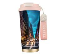 GaxfjRu Tasse à café isotherme à double couvercle imprimé Streets of New York, couche intérieure en acier inoxydable 316 avec paille - 500 ml