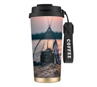 GaxfjRu Tasse à café isotherme en acier inoxydable 316 avec paille et double couvercle imprimé filets de pêche étoiles de mer 500 ml