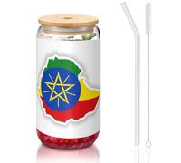 GaxfjRu Tasses en verre avec couvercle et paille en verre, motif carte du drapeau de l'Éthiopie, 473 ml, tasses en verre plus larges pour smoothies, thé, cola, soda