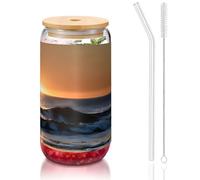 GaxfjRu Tasses en verre avec couvercle et paille en verre - Pour smoothies, thé, cola, soda - Motif Last Rays of Over The Sea Waves - 473,6 g