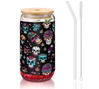 GaxfjRu Tasses en verre de style Sugar and Skulls de 473,6 g avec couvercles et paille en verre, tasses en verre plus larges pour smoothies, thé, cola, soda