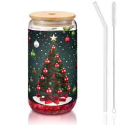 GaxfjRu Tasses en verre motif sapin de Noël et boule de 473 ml avec couvercles et paille en verre, tasses en verre plus larges pour smoothies, thé, cola, soda