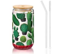 GaxfjRu Tasses en verre vert cactus de 473,6 g avec couvercles et paille en verre, tasses en verre plus larges pour smoothies, thé, cola, soda