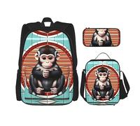 GaxfjRu The Silent Monkey Print Lot de 3 sacs à dos d'école avec sac à déjeuner et trousse à crayons Grande capacité 43,2 cm