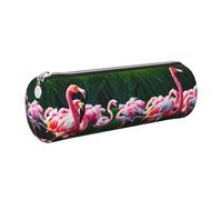 GaxfjRu Trousse ronde colorée et fabuleuse en cuir synthétique avec motif flamants roses - Rangement pour stylos, crayons, marqueurs, petites fournitures Fermeture éclair en métal avec cuir, Argenté