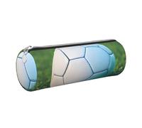 GaxfjRu Trousse ronde en cuir synthétique avec ballon de football vert sur herbe - Rangement pour stylos, crayons, marqueurs, petites fournitures Fermeture éclair en métal, Argenté., Taille unique