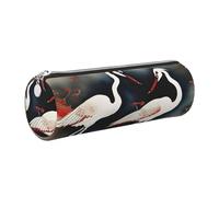 GaxfjRu Trousse ronde en cuir synthétique avec deux grues japonaises volantes traditionnelles - Rangement pour stylos, crayons, marqueurs, petites fournitures - Fermeture éclair en métal, Argenté