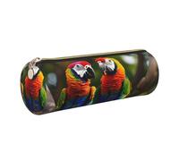 GaxfjRu Trousse ronde en cuir synthétique avec motif perroquets colorés sur un arbre - Rangement pour stylos, crayons, marqueurs, petites fournitures Fermeture éclair en métal avec cuir, doré, Taille