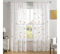 Gazal Vole Blanc Rideau Voilage étoiles et lunes dorées, L140 x H220 cm | Lot de 2, passe-tringle, semi-transparents pour salon, chambre et salle à manger, effet élégant proche du sol