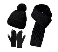 Gaze De Coton Hat Set for Teen Girls Women&Men Autumn Winter Warm Wool Hat Scarf Gloves Three Pieces Soie Enfant (Black, One Size)