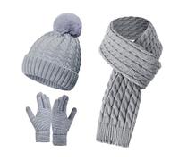 Gaze De Coton Hat Set for Teen Girls Women&Men Autumn Winter Warm Wool Hat Scarf Gloves Three Pieces Soie Enfant (Grey, One Size)