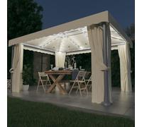 Gazebo de Jardin, 4x3 m avec Rideaux et Guirlande LED Solaire, Structure Aluminium et Acier, Double Toit Ventilé, Abri de Jardin et Pergola Jardin Exterieur, Jardins, Événements, Blanc Crème