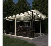 Gazebo de Jardin, 4x3x2.73m avec Moustiquaire et Guirlande LED Solaire, Structure Acier et Toit Ouvrant, Pergola Jardin Exterieur pour Terrasse, Jardins, Événements, Blanc Crème