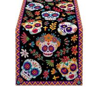Gazocua Chemin de table, nappe mexicaine avec crânes en sucre | Bright Day of The Dead Autarations, nappe en lin rustique multifonctionnelle pour la salle à manger de vacances