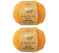 Gazzal Lot de 2 pelotes de fil de coton bio pour bébé 100 % coton bio 50 g 115 m 3 Light DK, Global Organic Textile Standard (GOTS) (418 moutarde)