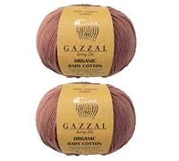 Gazzal Lot de 2 pelotes de fil en coton bio pour bébé 100 % coton biologique 50 g/115 m 3 DK clair, norme mondiale sur les textiles biologiques (GOTS) (433 marron)