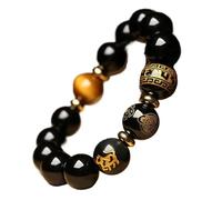 GBASDXU Bracelet Feng Shui Richesse, Amulette en cristal de guérison naturelle en obsidienne noire du zodiaque chinois, année animale (cheval, 10 mm)