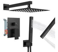 GBBNE Ensemble de robinet de douche à effet pluie avec pomme de douche carrée et poignée avec fonction 2 en 1, pulvérisateur à main, kit de réparation de garniture murale, valve brute, 30,5 cm, noir