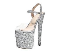 GBBRZKTB Talons Hauts Femmes Talons Aiguilles Bout Ouvert Sandales Paillettes Escarpins Bride Arrière Robe Soirée Chaussures Pole Dance 20cm,Silver-37