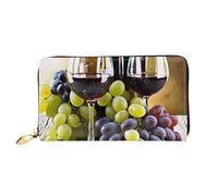 GBCDEDSL Art Red Wine Galsses & Grapes Portefeuille en cuir microfibre double face entièrement imprimé pour femme, Noir , Taille unique
