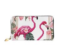GBCDEDSL Flamingo Bird Round Leaves Double Face Entièrement Imprimé Cuir Microfibre Cuir Femme Portefeuille Long Pochette Portefeuille en Cuir, Noir , Taille unique