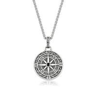 GBEDFO Men's Stainless Steel Compass Pendant Necklace | Vintage Round Star Compass Design Nautical Viking Traveler Jewelry Gift for Him - Pendentif Boussole Homme Collier Argent