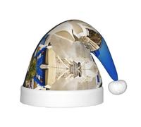 gbhJGK Chapeau de Noël festif pour enfants - Chapeau de Père Noël doux avec imprimé Santorin île grecque vue sur la mer, couvre-chef unisexe pour Noël, Nouvel An
