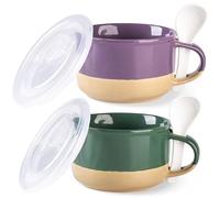 GBHOME Lot de 2 tasses à soupe en céramique 700 ml avec anses, couvercle, dessous en terre cuite et cuillère pour soupe/céréales/salade/pâtes/ramen, passent au micro-ondes et au lave-vaisselle, vert