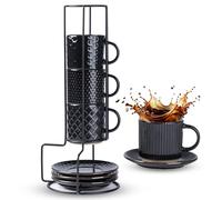 GBHOME Lot de 4 tasses à café empilables de 220 ml et soucoupes avec support, en céramique avec motifs texturés pour homme, femme, père, mère, pour latte/cappuccino/cacao