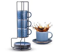GBHOME Lot de 4 tasses à café empilables et soucoupes de 220 ml avec support - En céramique avec motifs texturés - Pour homme, femme, père, mère - Pour latte/cappuccino/cacao
