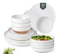 GBHOME Service de table 24 pièces en faïence mouchetée pour 6 personnes - Peint à la main et avec bord ondulé unique, passe au lave-vaisselle et au micro-ondes, ensemble d'assiettes et de bols, blanc