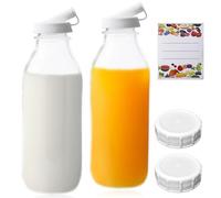 GBKDQQ Lot de 2 bouteilles en verre avec couvercle de 1 litre, bouteilles de lait de 1 l avec bouchon à vis, bouteille à étrier pour smoothie, kombucha, sirops, boissons