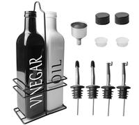 GBKDQQ Lot de 2 distributeurs d'huile et de vinaigre en verre de 500 ml - Design noir et blanc avec support Caddy - Bec verseur en acier inoxydable et entonnoir - Anti-fuite - Pour huile d'olive et