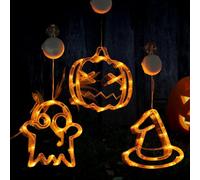 GBKDQQ Lot de 3 lumières LED décoratives d'Halloween pour fenêtre - Orange - Blanc chaud - Citrouille fantôme - Chapeau de sorcière - Lampe LED avec ventouse - Éclairage intérieur à piles pour