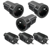 GBKDQQ Lot de 3 paires de fiches Schuko - 250 V - 16 A - IP44 - En caoutchouc - Avec protection anti-torsion - 2 pôles - Extérieur étanche - Noir - Fiche Schuko et raccord en caoutchouc - Sans câbles