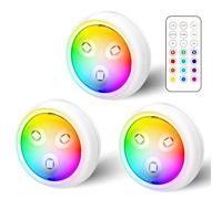 GBKDQQ Lot de 3 spots LED RVB à piles avec télécommande, 13 changements de couleur, éclairage d'armoire, éclairage de vitrine à intensité variable, sans fil, lampe tactile LED, minuteur, lampe sous